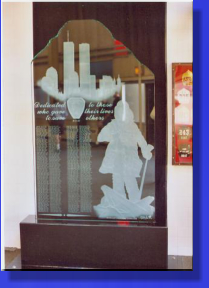 Custom Glass Etching Donated this Carved Glass Panel to the FDNY close to the One Year Anniversary of 911 and resides at The FDNY Training Facility on Randalls Island, New York